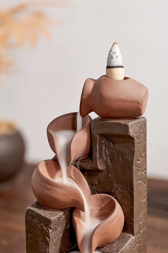 Unique Cascading Basins Ceramic Waterfall Incense Holder, Paired with a Pack of Backflow Incense Cones. (Primary)