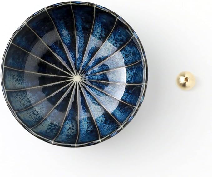 Asayu Japan Lotus Incense Holder for Sticks 4.1 inch (105 mm), Traditional Made in Japan Ceramic Ash Catcher and Brass Incense Burner Set - Navy Dark Blue Lotus