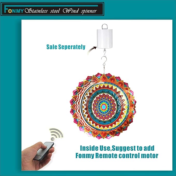 FONMY Stainless Steel Wind Spinner Worth Gift Indoor Outdoor Garden Decoration Crafts Ornaments 12 inch Multi Color Mandala Wind Spinners
