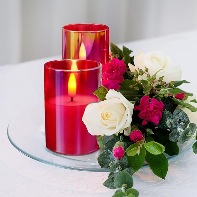 Eywamage Red Glass Flameless Candles with Remote Batteries, Flickering Slim Tall LED Candles Christmas Decor Set of 5