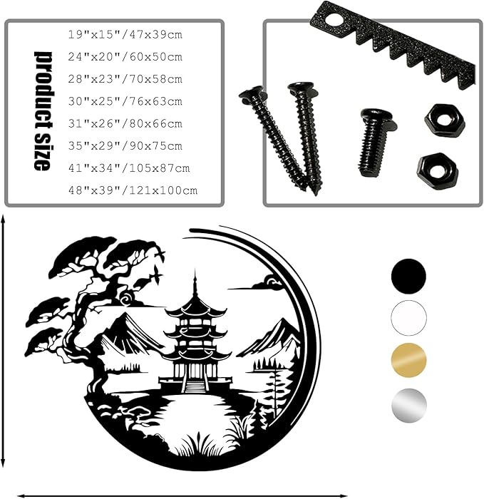 Japanese Metal Wall Art, Bonsai Tree & Torii Gate Metal Wall Decor, Bonsai Tree Wall Decor, Asian Wall Art, House Decorations Living Room, Gift for Japan Culture Lover (Black, 41"x34"/105x87cm)