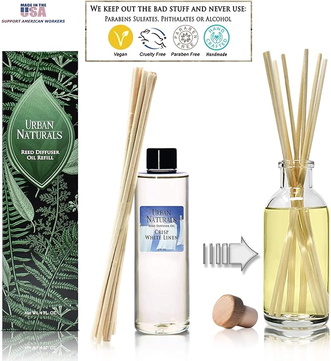 Urban Naturals Crisp White Linen Scented Oil Reed Diffuser Refill | Free Set of Reed Sticks! A Fresh, Clean Cotton Scent, 4 oz