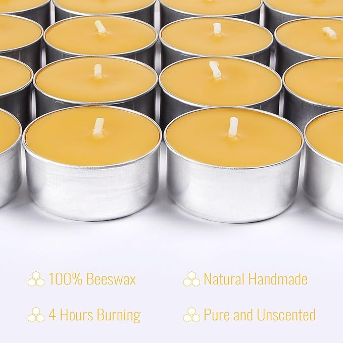 16 Packs Beeswax Tealight Candles,Natural Beeswax Tea Lights Candle in Aluminum Cups,4-5 Hour Burn Time,Unscented Smokeless Candles