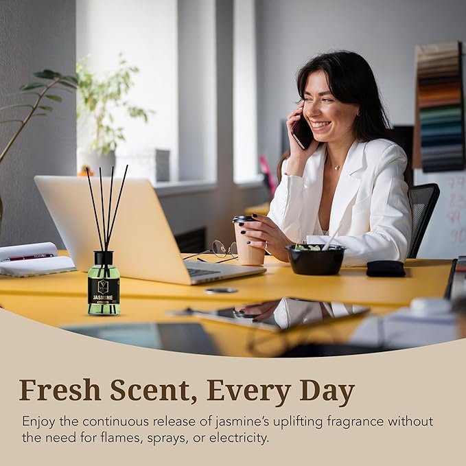 Jasmine Reed Diffuser Set - Luxury Reed Diffusers for Home, Bathroom, Bedroom, Powder Room - Long-Lasting, Natural Flower Scent Sticks - Decorative Home Fragrance Bottle - 3.72 fl oz