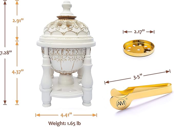 AM Charcoal Incense Burner - Bakhoor Burner, Oud Frankincense Resin Burner for Office & Home Decor - Lavish 4 Pillar (White)