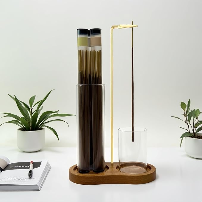 Glass Incense Holder, Incense Sticks Burner Holder with Storage,Hang Upside Down Incense Holder for Sticks with Glass Ash Catcher for Meditation Yoga Spa Room Decor (Retro Color)