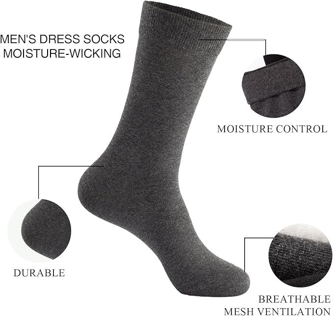 J-BOX Men's Cotton Crew Socks-Wicking Black Dress Socks, Anti-Odor&Breathable for Business/Casual, Size 6-15