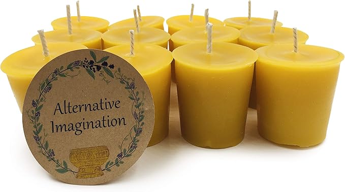 12 Pack of Beeswax Votive Candles - 100% Pure, Natural Beeswax with Natural Light Honey Scent - 15 Hour Burn - Alternative Imagination