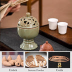 Ceramic Incense Burner with Lid,Boshan Incense Cone Holder for Coil Incense and Powder Incense,Mediation Gift,Home Decor (Green)