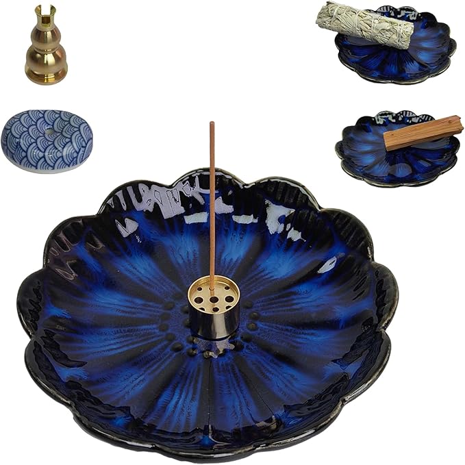 Ceramic Incense Holder for Sticks, Handmade Incense Burner Trays with 3 Pcs Incense Holes, Multi-Purpose Ash Catcher for Coils, White Sage & Palo Santo, Smudge Bowl for Meditation Yoga Decor (Blue)