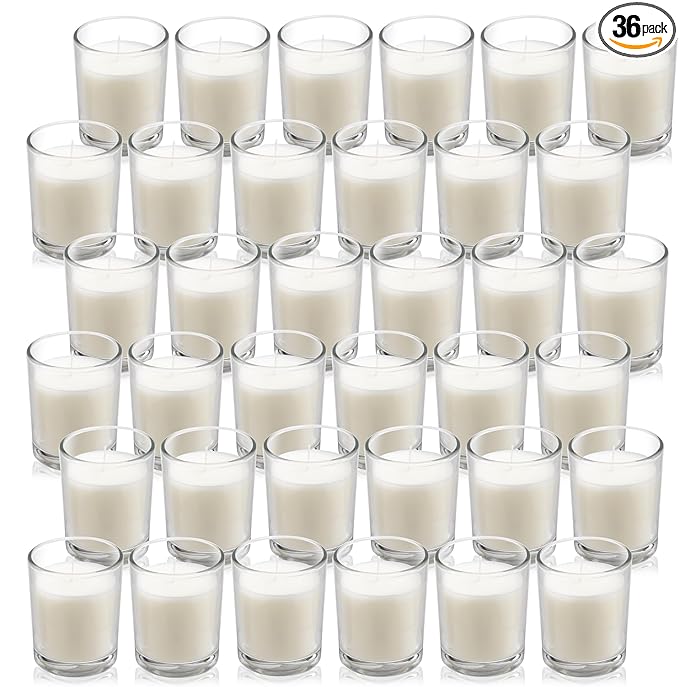 Housecret 36 Pack Warm White Unscented Clear Glass Filled Votive Candles. Hand Poured Wax Candle Ideal Gifts for Aromatherapy Spa Weddings Birthdays Holidays Party