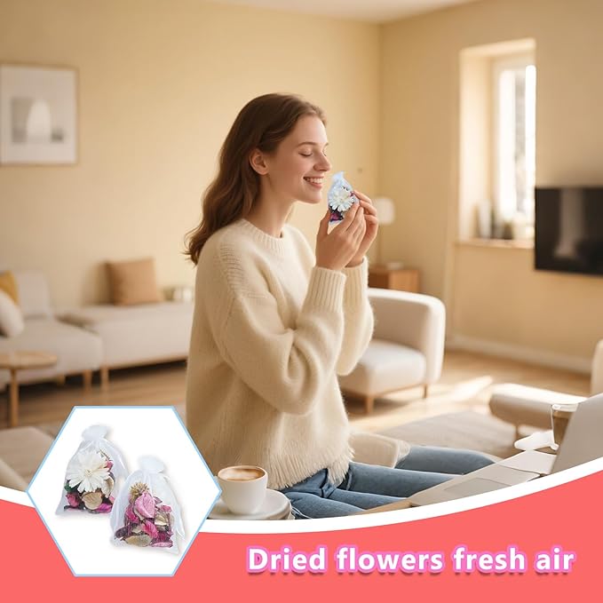 DIY Sweet Floral Heart Shaped Dry Flower Sachet Set|Home, car, and Gift|Scented Sachets for Drawers and Closets, Long-Lasting Sachets Bags Wardrobe Freshener, | Eco refillable Bags (5 Bags+Flowers).