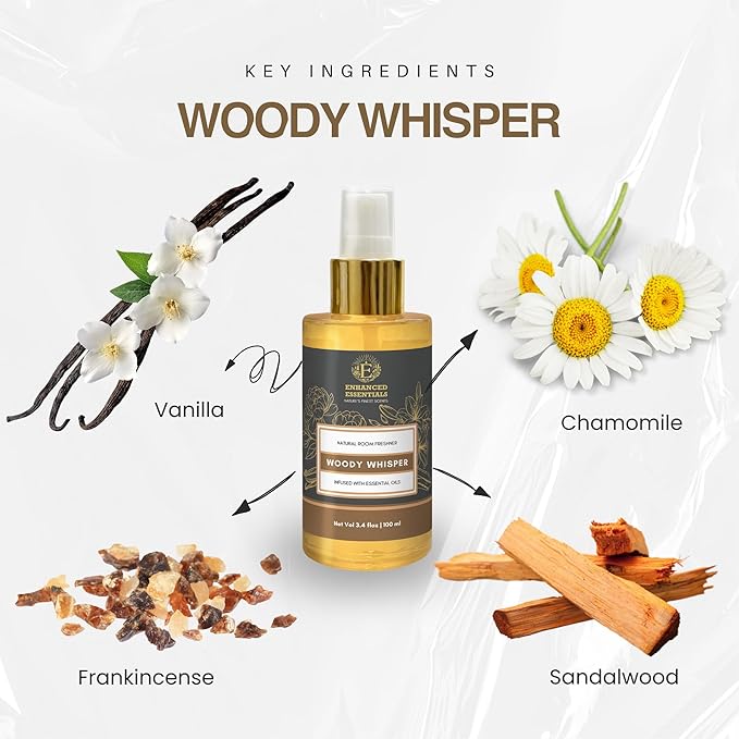 Luxurious Essential Oil based Room Spray by Enhanced Essentials|100% Natural & Synthetic Free|Elevates Ambiance with a Soothing Woody Aroma|Refreshing,Grounding & Calming|3.4 fl oz (100 ml)