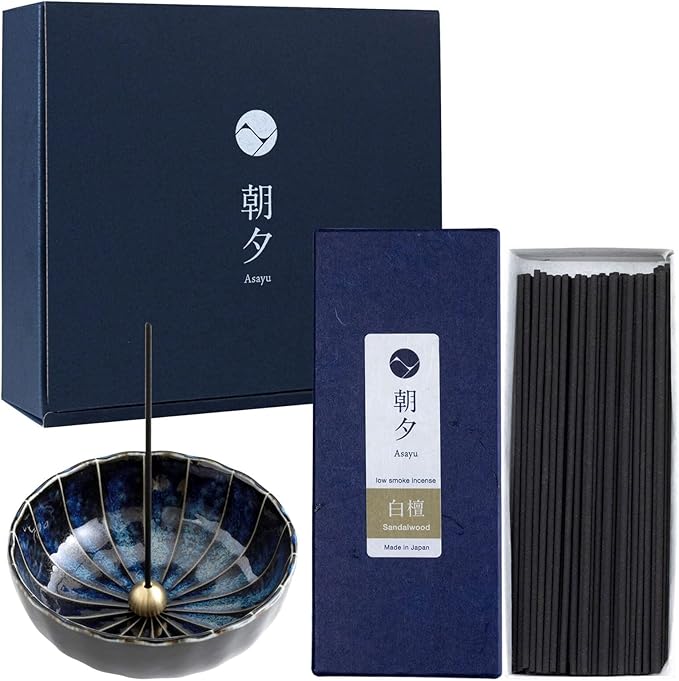 Gift Set: Sandalwood Incense Sticks & Navy Blue Lotus Holder by Asayu Japan