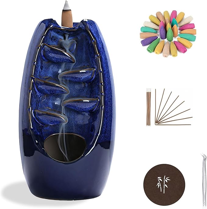 Ceramic Backflow Incense Holder Incense Burner Waterfall, with 120 Mixed Incense Cones + 30 Incense Sticks + 1 Decorative Pad + 1 Tweezer, Aromatherapy Ornament Home Decor, Navy Blue