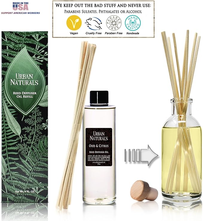 Urban Naturals Reed Diffuser Oil Refill, Oud & Citrus Diffuser Oils with Oud, Cedar, Citrus, Amber, 4 oz + Free Reed Sticks, Made in The USA