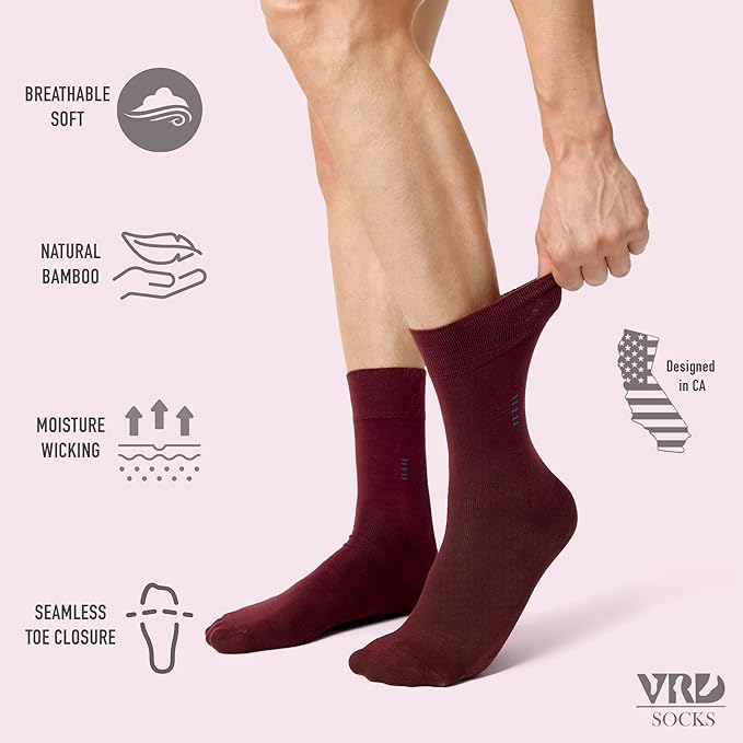VRD Men’s Dress Socks, Bamboo 5-Pack Mens Socks, Mid Calf Length, Crew Socks Gift for Men Shoe Size 8-13