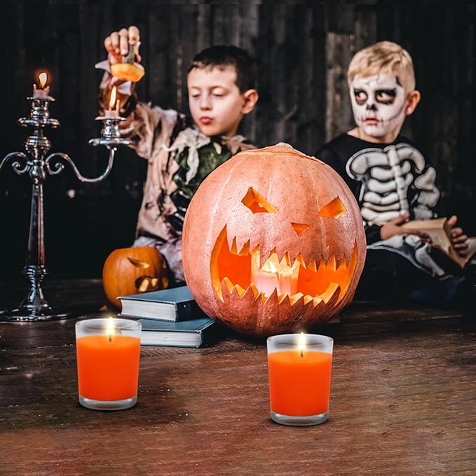4 Packs Unscented Orange Votive Candles in Clear Glass, Small 1.8oz Natural Soy Wax 2 Inch Fall Colored Candles for Thanksgiveing Day Wedding Party Dinner Table Home Decoration- 12 Hours Burn Time