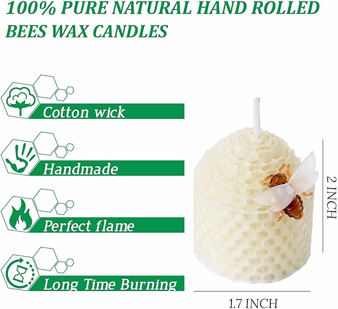 Natural Beeswax Candles 12 Pack, Hand Rolled Bee Themed Candles - 3.5 Hours Burn Time Each, Smokeless and Dripless for Home Decor, Party Favors, Gifts