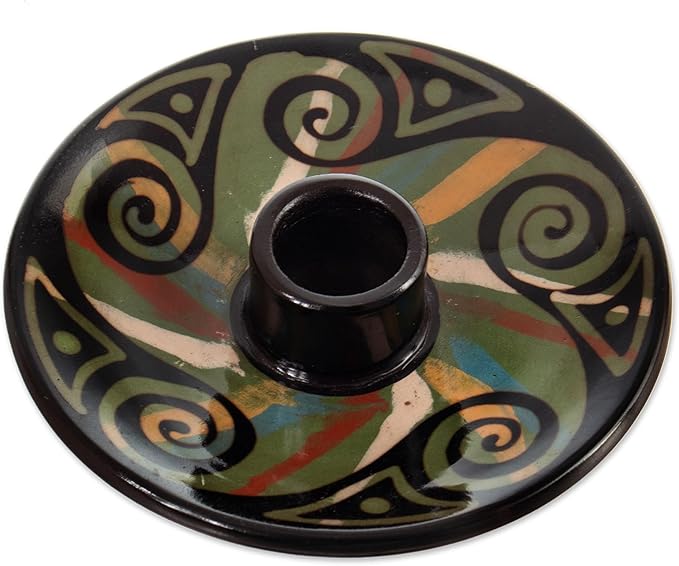 NOVICA Artisan Crafted Ceramic Incense Holder | Vicus Culture Style | Swirl Patterned Round | Meticulous Art | Handmade Designed | Home Decoration | Peru 'Ancestral Swirls' 5" Diam.