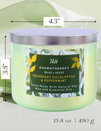 Rosemary Eucalyptus Peppermint Candle | Highly Scented Large 3 Wick Soy Candle 15.8 oz | Uplifting Eucalyptus Mint Scented Candles for Home | Aromatherapy Stress Relief Spa Candles for Men & Women