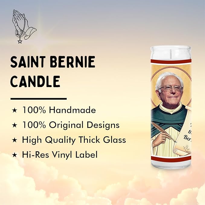 Bernie Celebrity Glass Jar Candle – Unscented Handmade Soy Wax Votive Candle – Unique Gift for Public Figure Fans – Home Decor Collectible for Living Room & Office – 8 Inch