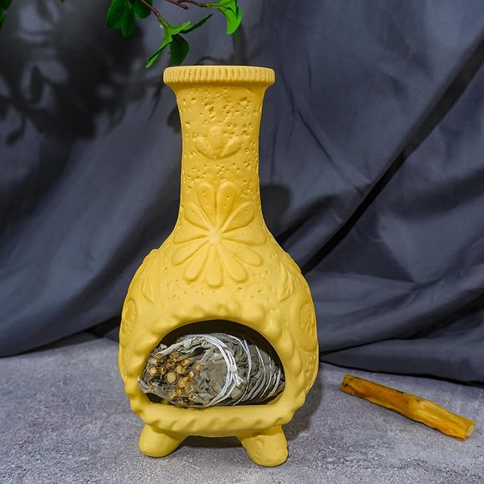 Yellow Floral Reliefs Palo Santo Burner Holder-Mexican Mini Chiminea Inspired,Chimney for Smudging Sage/Incense Cones/Sticks for Altar/Zen Rituals, Handmade Decor for Witchcraft Supplies