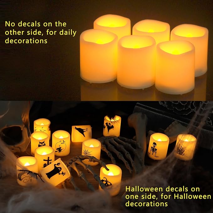 CANDLE CHOICE Battery Operated Flameless Votive Candles with Timer LED Candle Lights with Automatic Built-in Daily Cycle Timer Halloween Decals for Halloween Decorations Pack of 12 Batteries Included