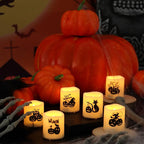 CANDLE CHOICE Battery Operated Flameless Votive Candles with Timer LED Candle Lights with Automatic Built-in Daily Cycle Timer, Pumpkin Decals for Halloween Decorations, Pack of 6, Batteries Included