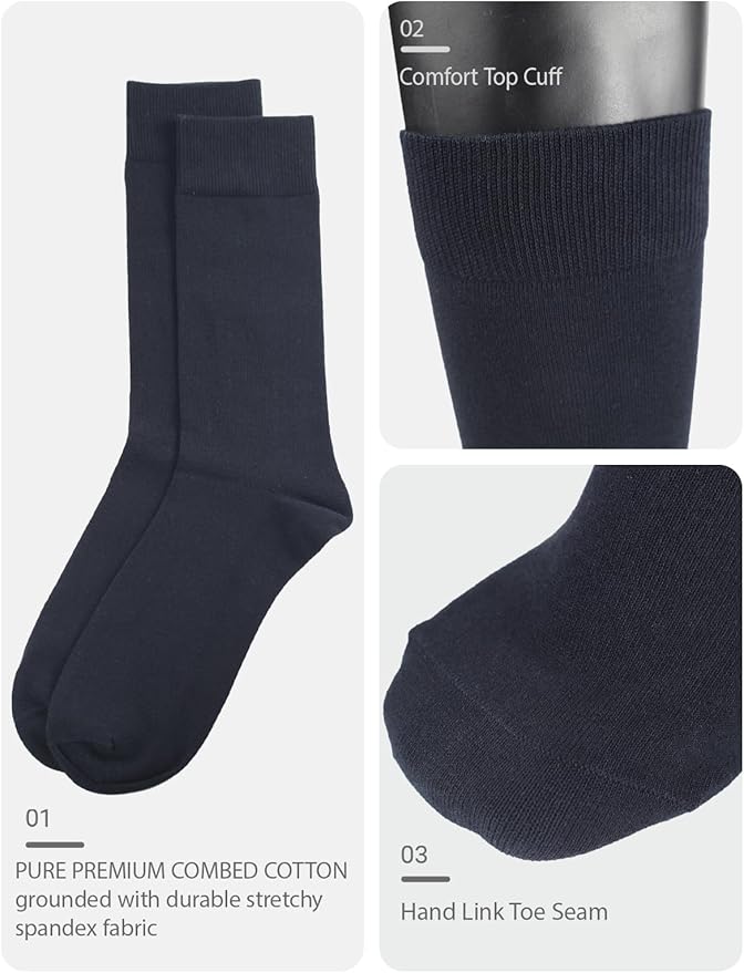 COTTON DAY Men's Premium Soft Combed Cotton Trouser Dress Socks Seamless Toe Black Navy Blue Striped