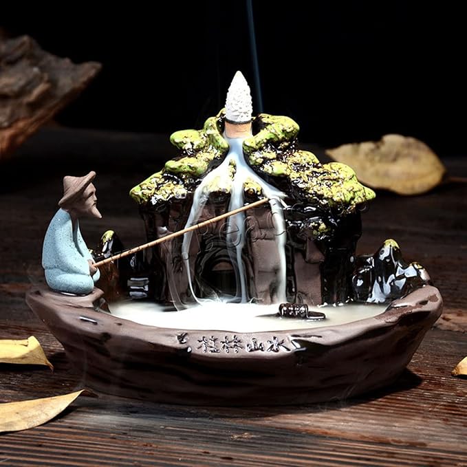 Guilin Landscape Backflow Incense Burner, Handmade Ceramic Waterfall Incense Stick Cone Holder with 20 PCS Incense Cones and 30 PCS Incense Sticks