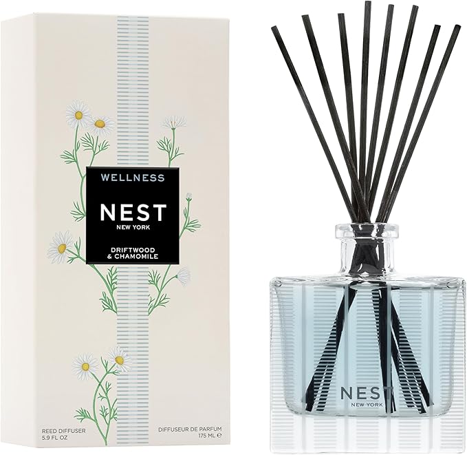 NEST New York Reed Diffuser, Driftwood & Chamomile - 5.9 fl oz - Fragrance for Up to 90 Days - Reusable, Refillable Glass Holder - Includes 8 All-Natural Reed Sticks - Flame Free