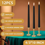 12 Pack Black Taper Candles 10 inch - Taper Candles Dripless, Smokeless, Unscented - 8 Hours Long Burning - Hand Poured Tall Candlesticks - Perfect for Home Decor, Weddings, and Special Occasions