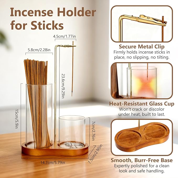 3 in 1 Incense Holder for Sticks & Cones, Mess-Free Incense Burner with Enlarged Ash Catcher and Cleaning Brush, Perfect for Meditation, Yoga, Spa, Gift & Home Decor