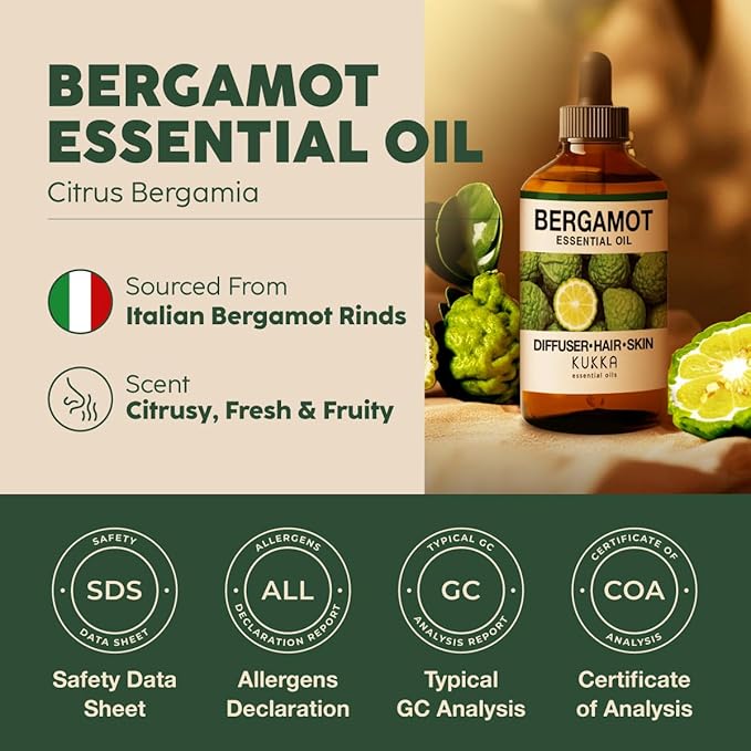 KUKKA Bergamot Essential Oils - 4 Fl Oz - for Hair, Skin, Diffuser, Aromatherapy & DIY Soap Making Scent