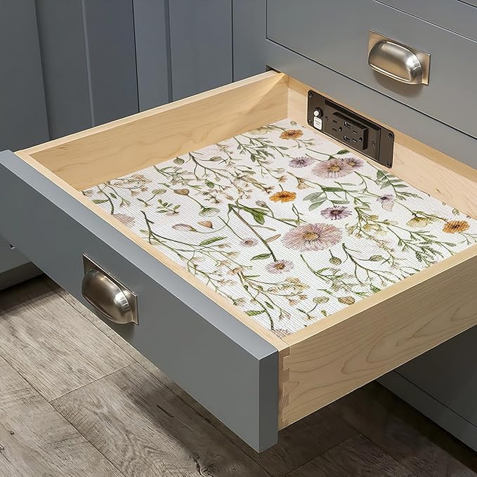 Drawer and Shelf Liner for Kitchen Cabinets Non Adhesive Drawer Liners Floral Cabinet Liner Strong Grip Non Slip Shelf Liners Waterproof Kitchen Shelves Cupboard Liner Easy to Clean 15.7IN x 10FT