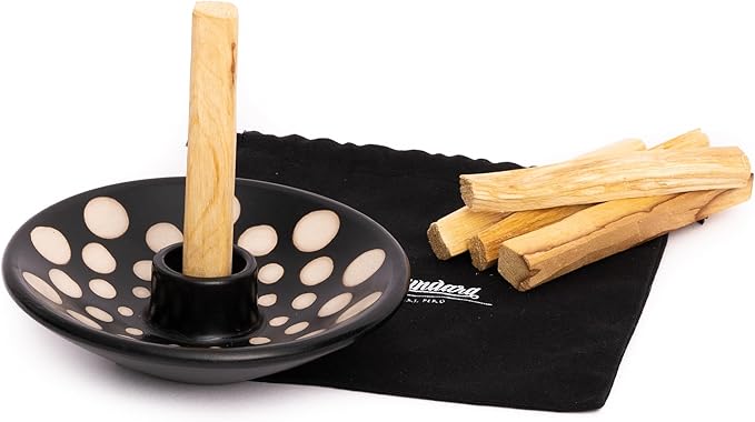 Luna Sundara Authentic Peru Pottery Palo Santo Stick Holder and Incense Holder Includes 5 Palo Santo Sticks Handmade Ceramic Smudge Bowl Sage Holder Palo Santo Holder (Black and White Polka)