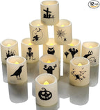 CANDLE CHOICE Battery Operated Flameless Votive Candles with Timer LED Candle Lights with Automatic Built-in Daily Cycle Timer Halloween Decals for Halloween Decorations Pack of 12 Batteries Included