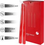 24 Pack Red Taper Candles, 7-8 Hours Burn Time, Unscented, Smokeless and Dripless, 0.75 x 10 Inch Dinner Candle Set for Christmas,Household, Wedding, Party and Home Décor Candlesticks