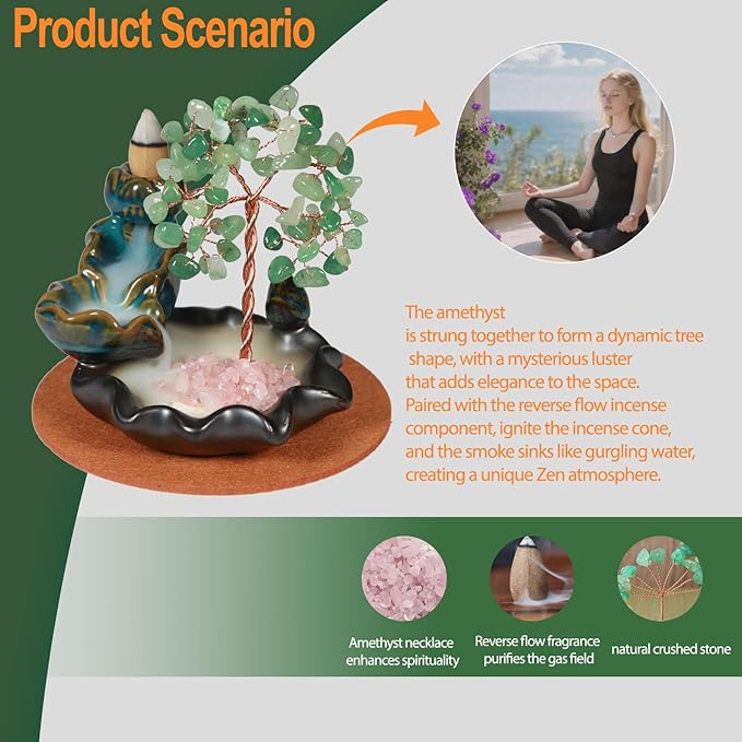 Backflow Incense Burner, Waterfall Incense Holder, Gemstone Money Tree Home Decoration, Office Desk Accessories for Women, House Warming Gifts New Home Fathers Day Dad Gifts