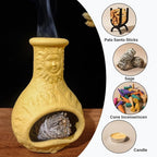 Palo Santo Burner Holder,Yellow Mini Chiminea with Chimney Handmade Smudge Bowl fits sage, Incense Cones, Sticks, Small Candle; with ash Collection. Great for Zen Meditation, Altar Fireplace