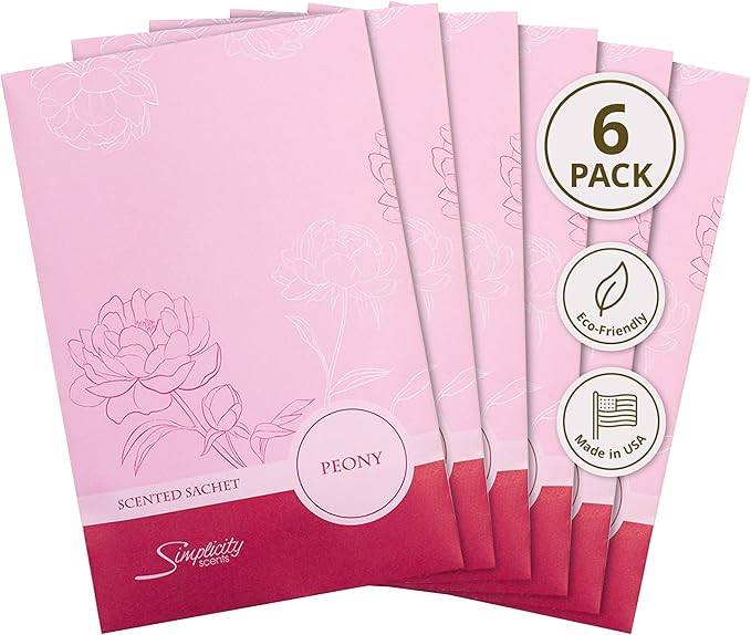 Peony Scented Sachets Pack of 6, Spring and Summer - Long-Lasting Scented Bags, Home Fragrance, Air Freshener & Deodorizer for Closet, Room, Drawer, or Cars, Made in USA