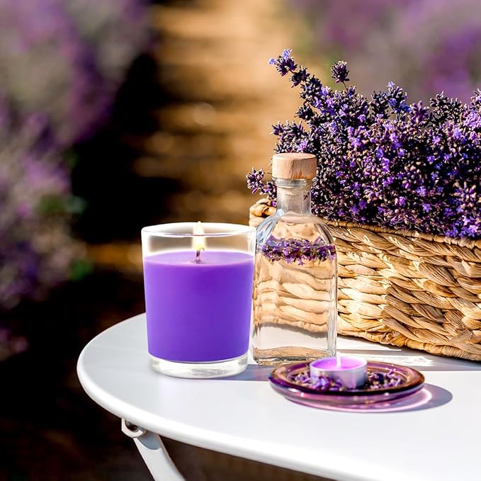 Set of 4 Purple Votive Candles, Clear Glass Filled Soy Wax Lavender Scented Candles for Home Spa Stress Relax and DIY