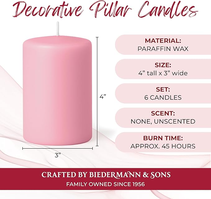 Biedermann & Sons 45-Hour Long Burning Unscented Pillar Candles, Dusty Rose, 3 x 4 Inch - Set of 6