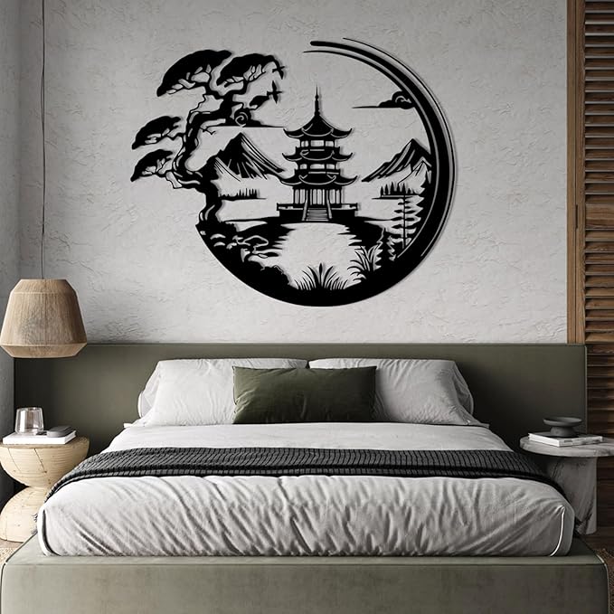 Japanese Metal Wall Art, Bonsai Tree & Torii Gate Metal Wall Decor, Bonsai Tree Wall Decor, Asian Wall Art, House Decorations Living Room, Gift for Japan Culture Lover (Black, 35"x29"/90x75cm)