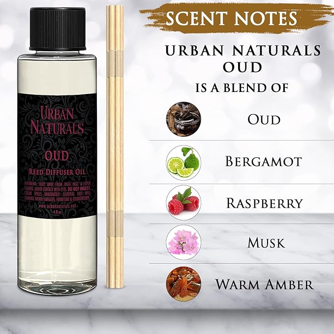 Urban Naturals Reed Diffuser Oil Refill, Oud Diffuser Oil with Raspberry, Warm Amber, Bergamot, 4 oz + Free Reed Sticks, Made in The USA