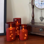Flashing Flameless Candles with String Light, Battery Powered Candle, Recessed String LED Candle, Indestructible Plexiglass Candles with Remote Control, 3 Piece Set, Red