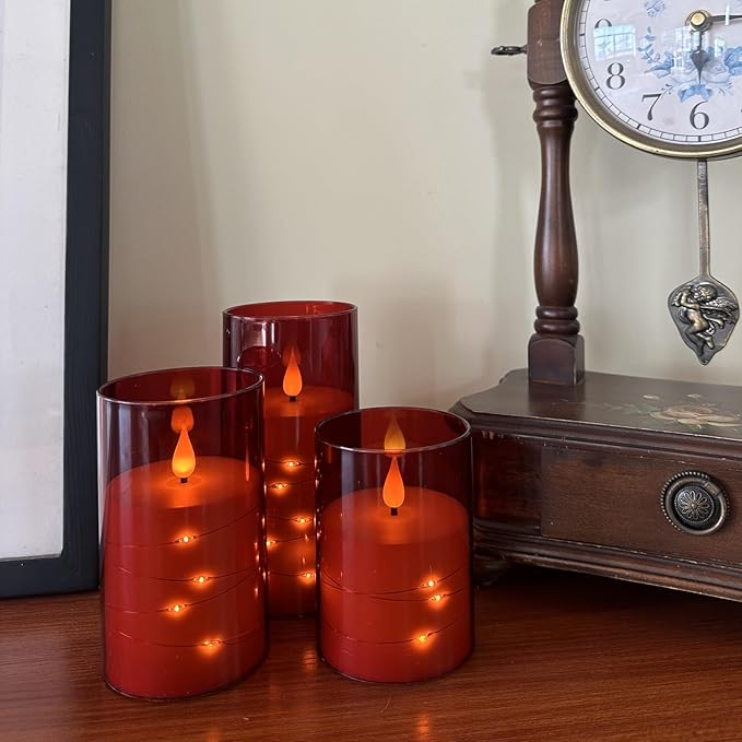 Flashing Flameless Candles with String Light, Battery Powered Candle, Recessed String LED Candle, Indestructible Plexiglass Candles with Remote Control, 3 Piece Set, Red