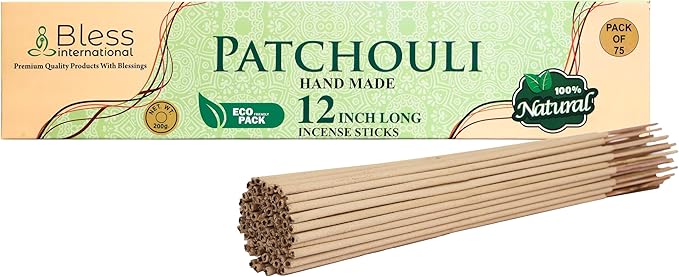 Bless-International-Patchouli 100%-Natural-Handmade-Incense-Sticks Organic-Chemicals-Free-for-Relaxation-Positivity-Yoga-Meditation 12-Inches-1-Hour-Plus-Burning-Time-75-Sticks-7-OZ