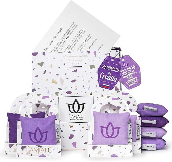 Lamiale Croatian Lavender 10 Scented Sachets for Drawers and Closets – Handmade Sachets, Natural Air Freshener, Moth Repellent, Ideal Gift for Her, Valentine's Day, Housewarming, Mother's Day.